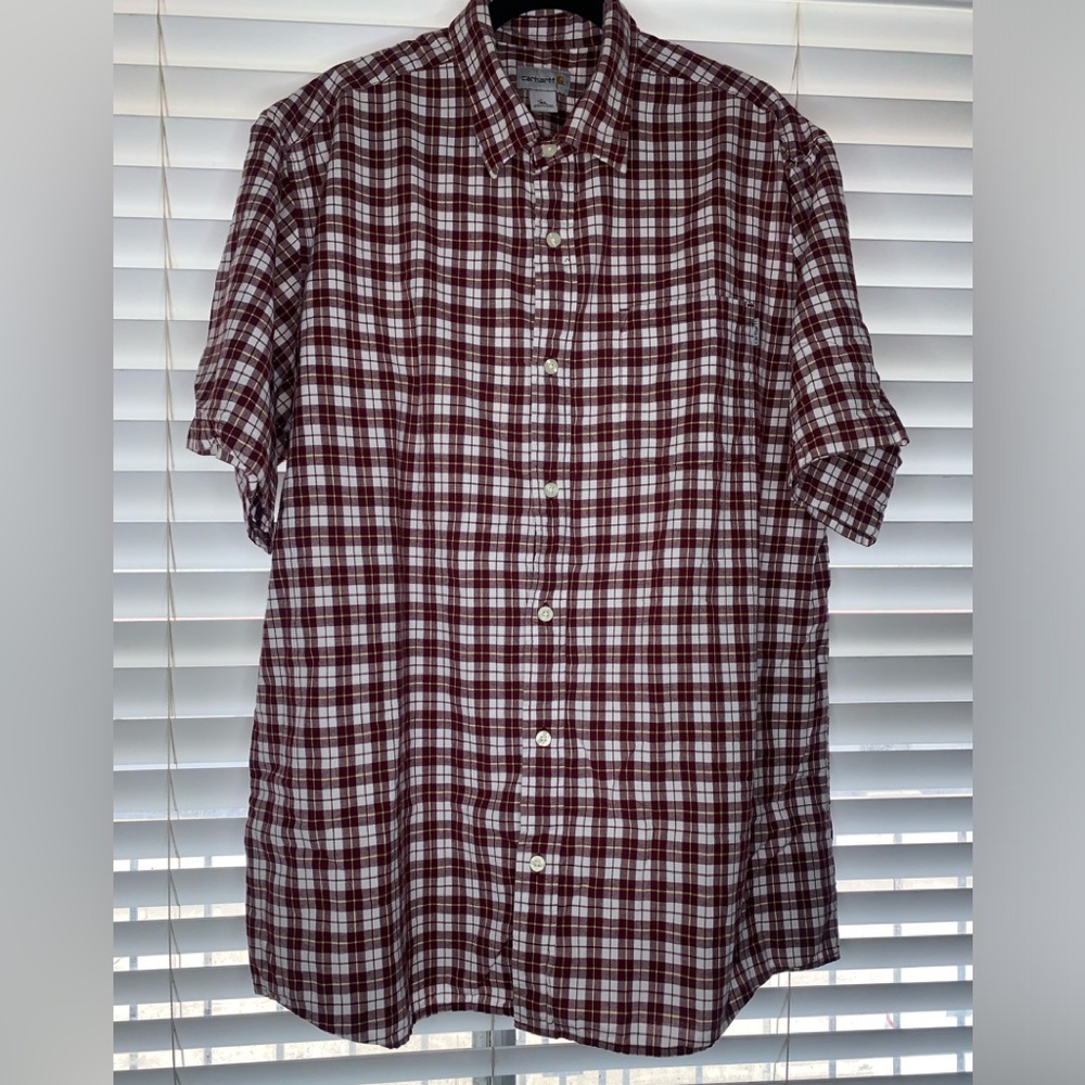 Carhartt Mens Xl Plaid Button-Down Short Sleeve Shirt Reddish Brown